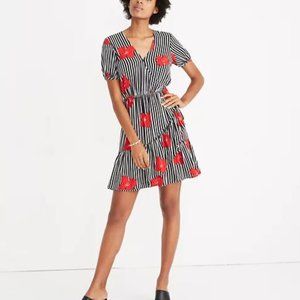 MADEWELL Ruffle-Wrap Black White Striped Dress in Candied Orchids Size 14